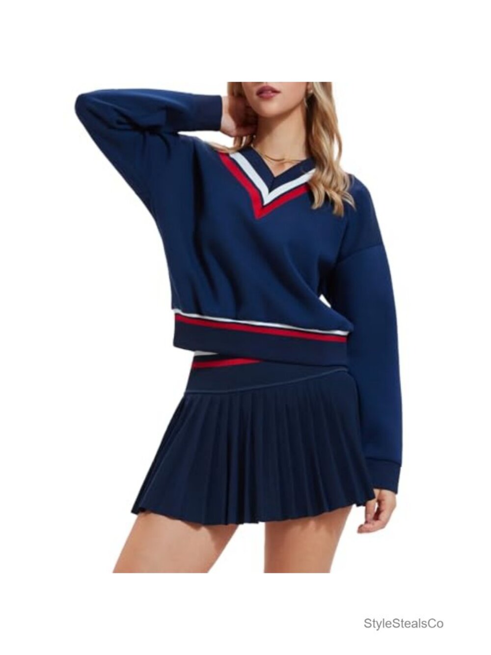 Women's 2-Piece Sweatsuit Set V-Neck Top High Waisted Pleated Skirt Tennis Golf